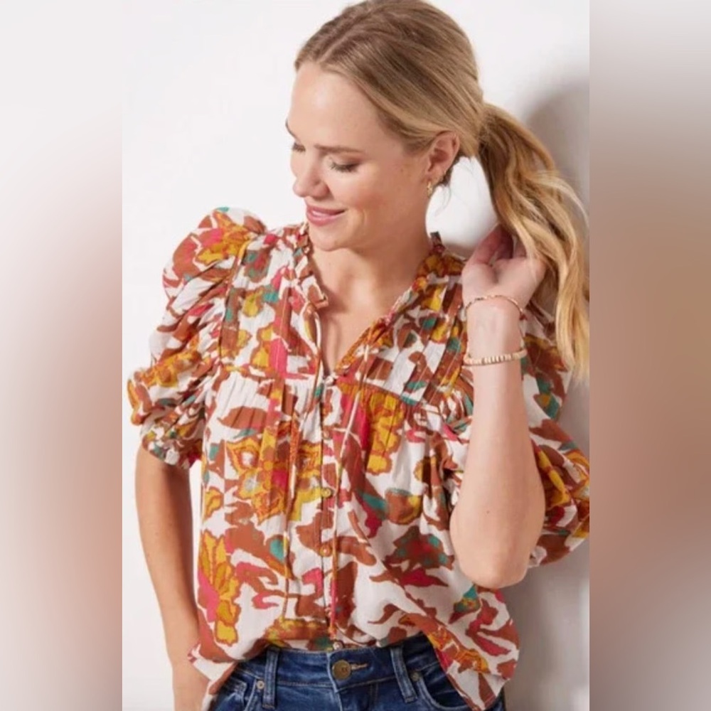 CLEOBELLA Zola Blouse In Shea Multi Women’s Medium Puff Sleeve Boho V Neck 6 8